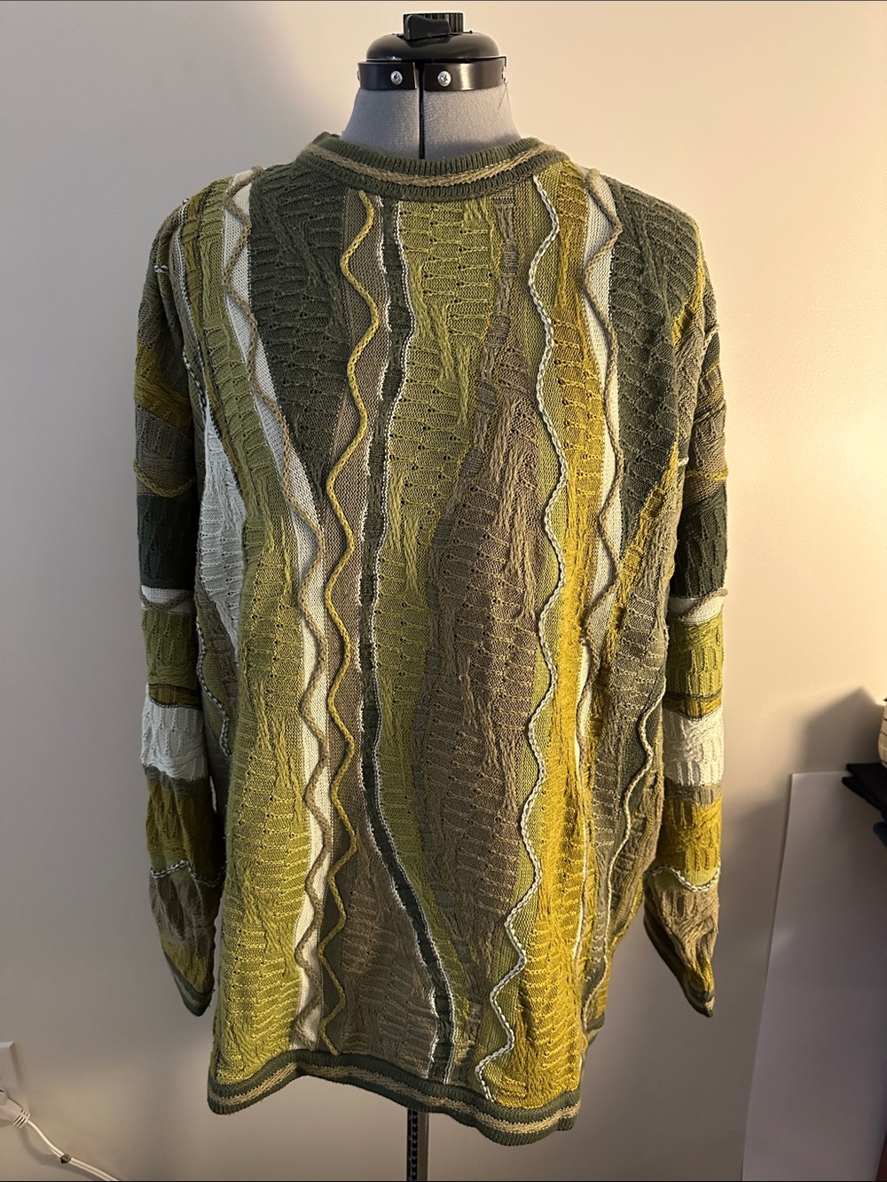 Textured Crewneck Sweater in Olive & Cream